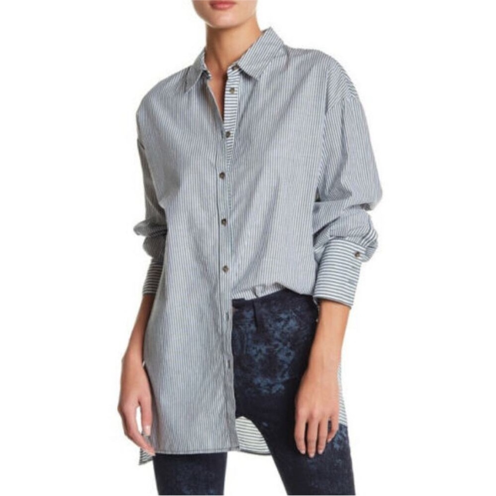Free People Lakehouse oversized button down shirt green and white stripe size XS